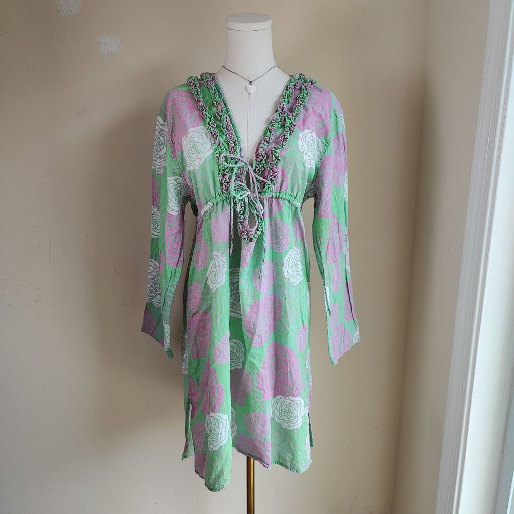 Ruffled Cotton Cover-up/Dress/Tunic Pink Green & White Size M/L